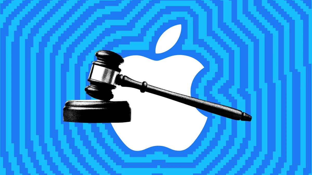 Apple logo with a judge's gavel across it