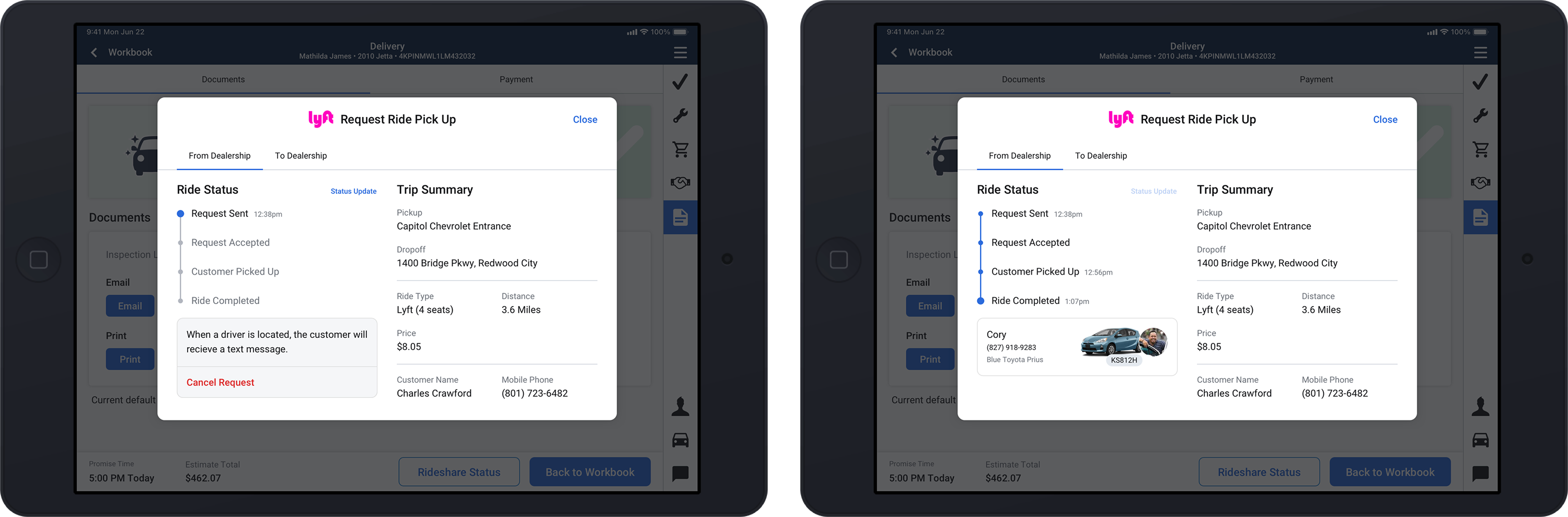 Mockups of Ride Status screens illustrating Ride Sent to Ride Completed.