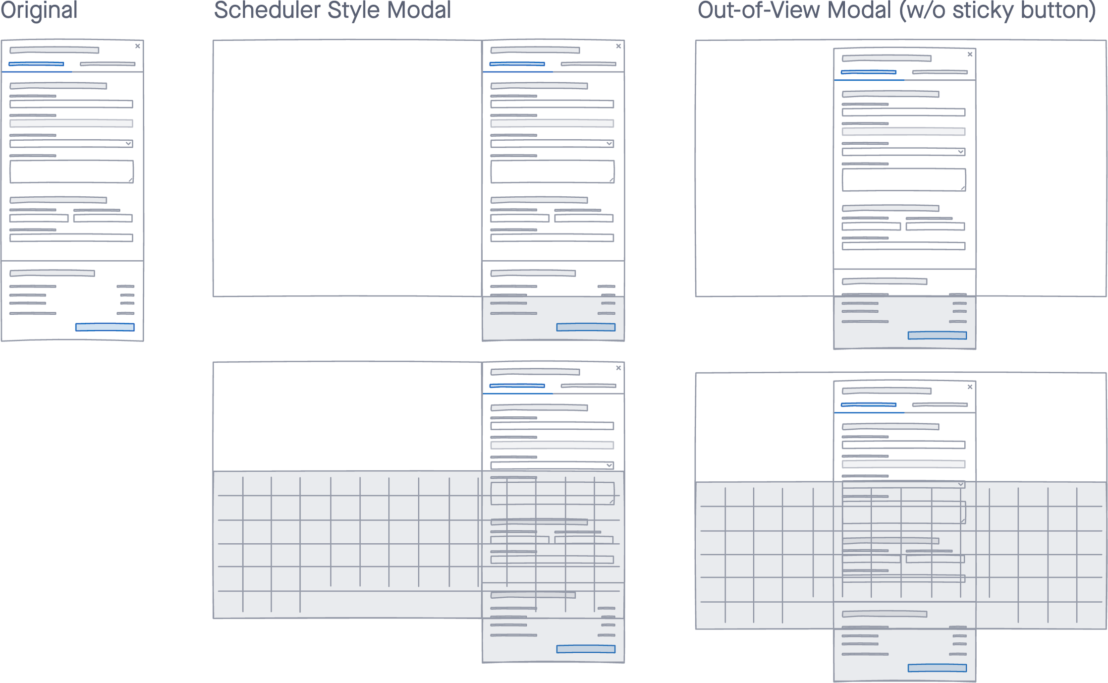 Wireframes examining the interaction design between the side drawer UI and the virtual keyboard