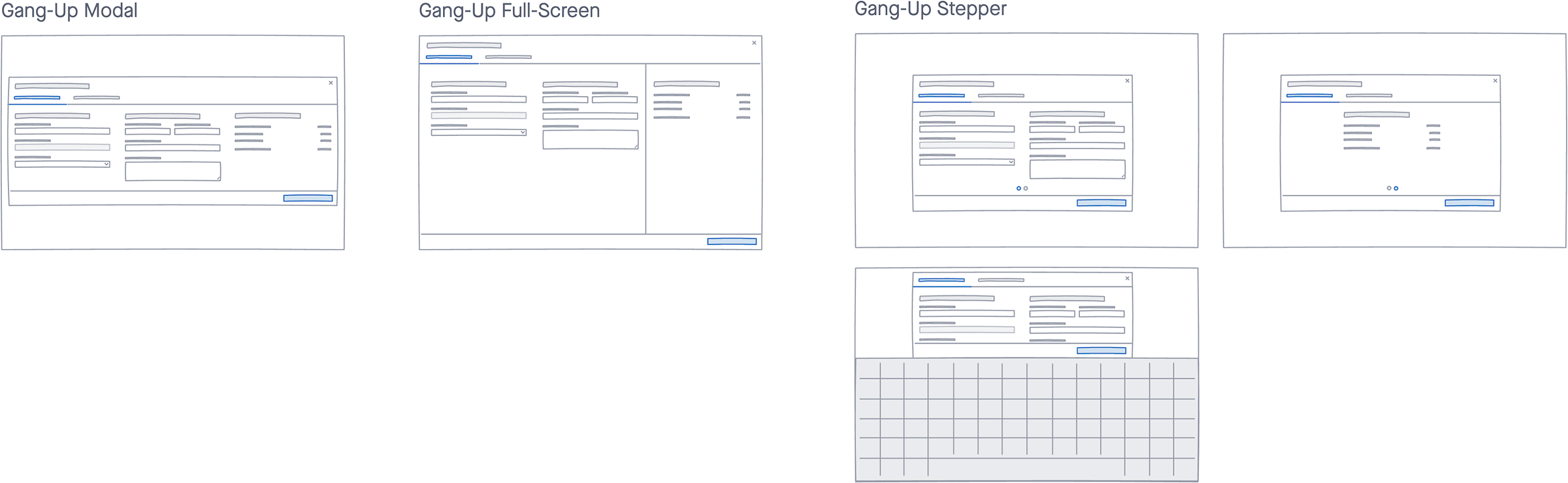 Wireframes exploring possible solutions for the ride summoning form and virtual keyboard