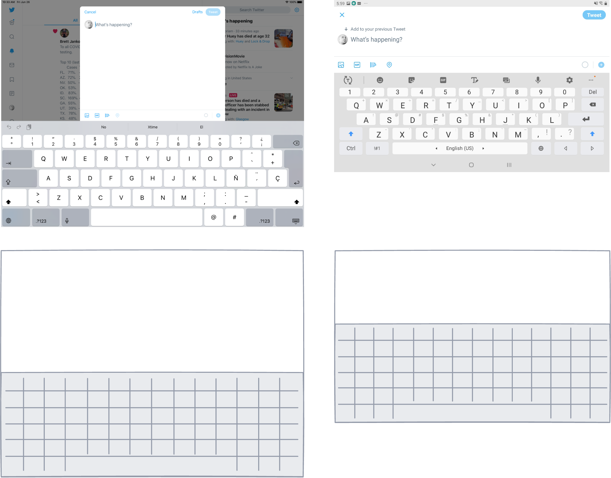 Wireframe illustrating keyboard-to-screen ratio, iPadOS & Android