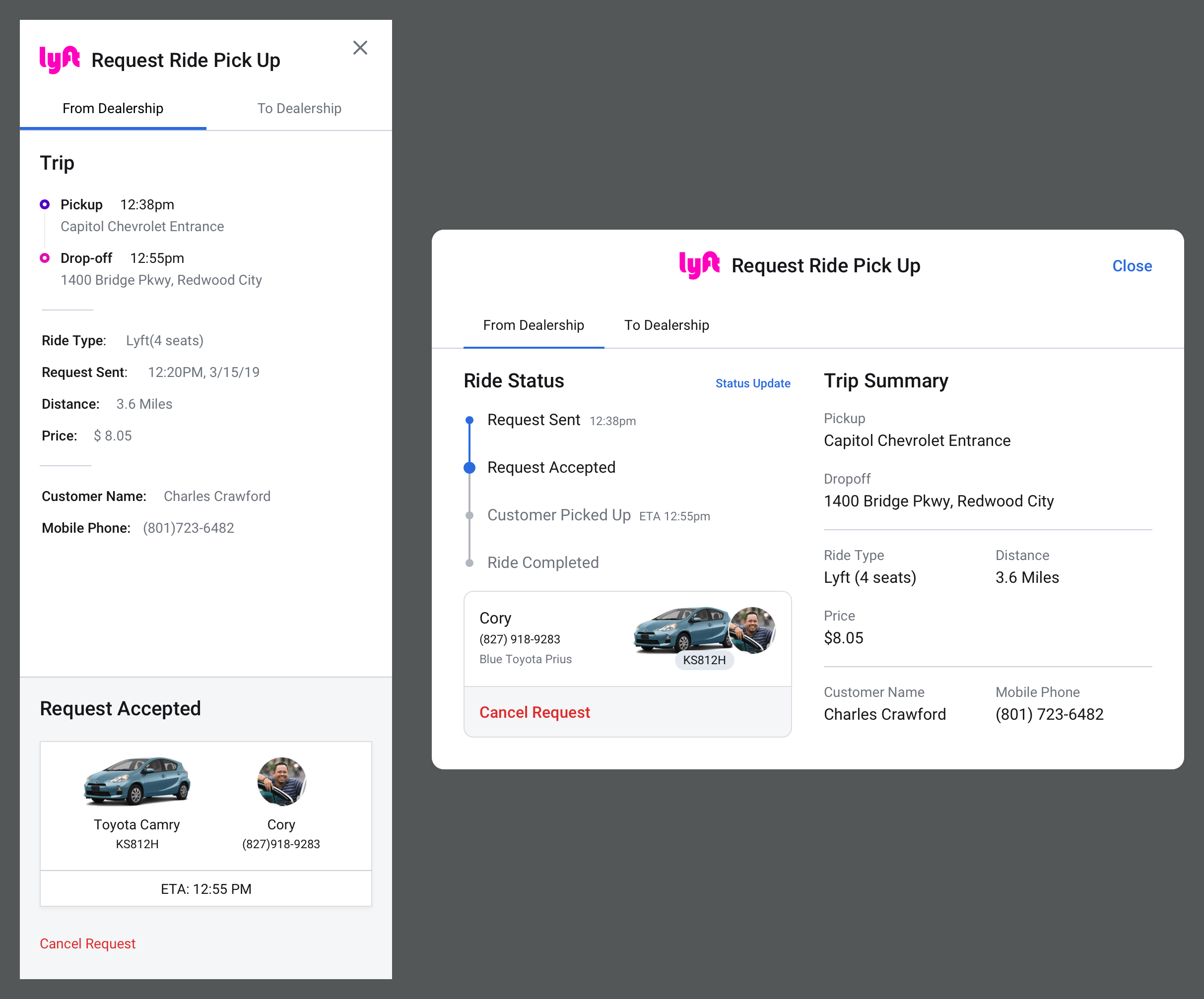 Side by side comparison of Ride Requested screens for desktop vs tablet