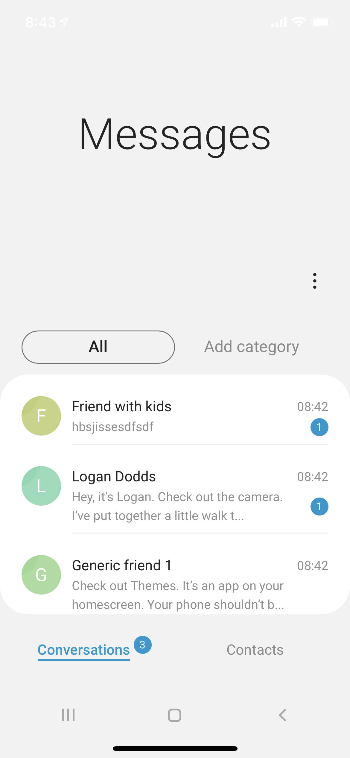 Samsung Messages with three conversations