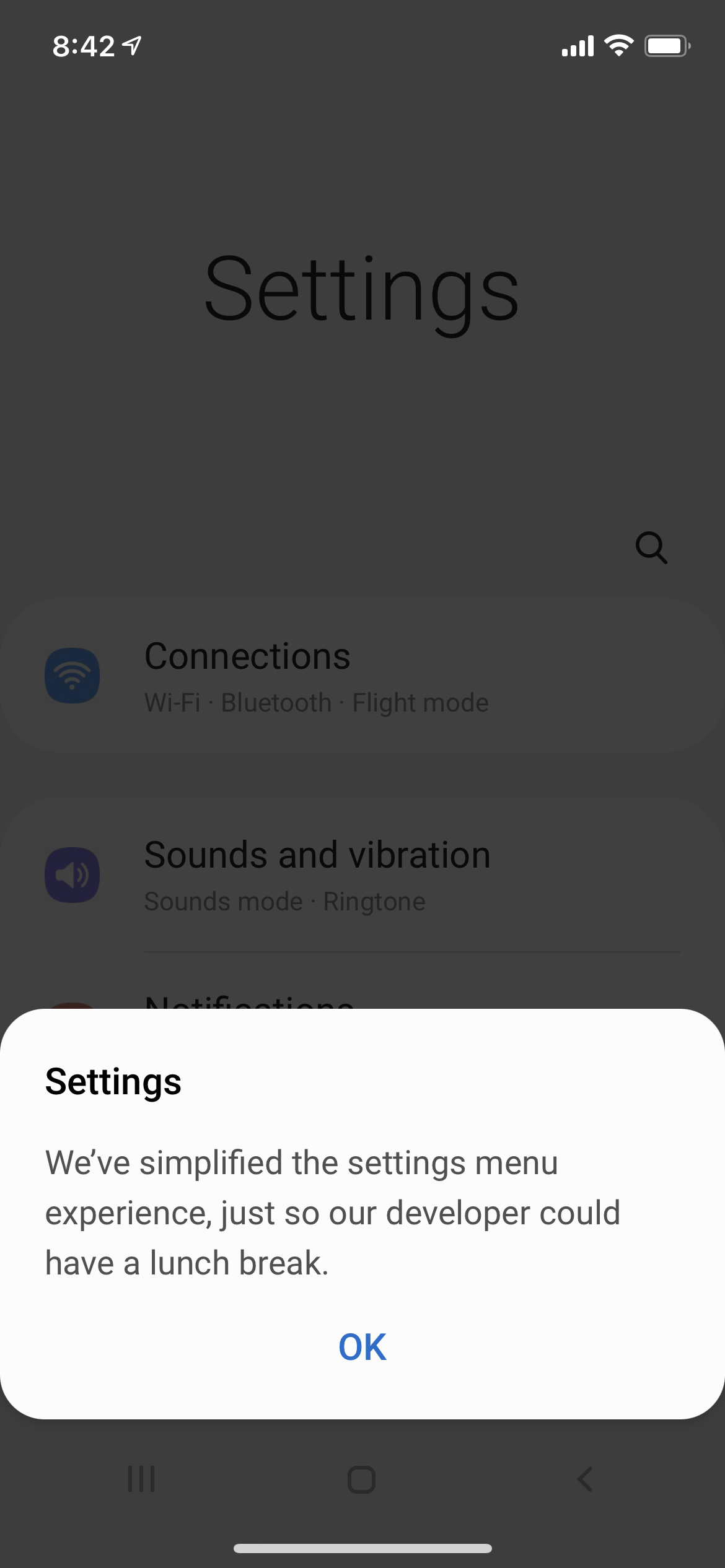 Settings with humorous notification card
