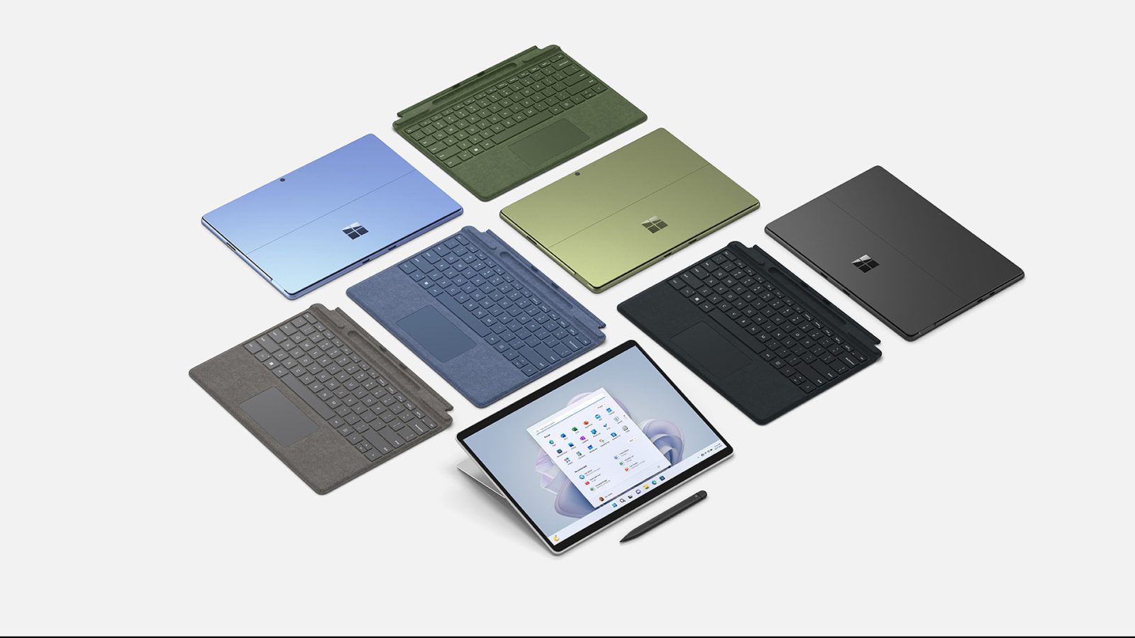 Microsoft Surface Pro 9 plus keyboard in four new colors arranged together
