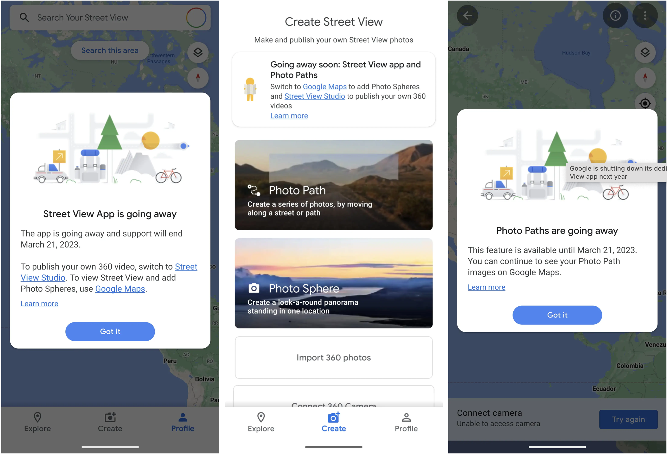 Three side-by-side screenshots of the Street View app which is going away in 2023