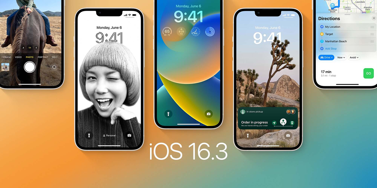 5 screen shots showing iOS 16.3 features