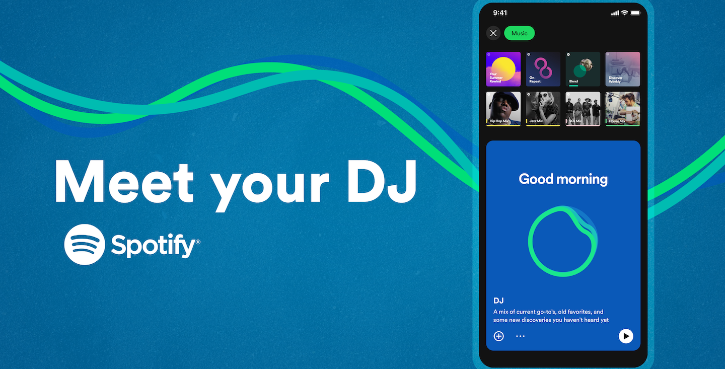 Heading reads ‘Meet you DJ’ with a screenshot of the new Spotify feature on iOS.