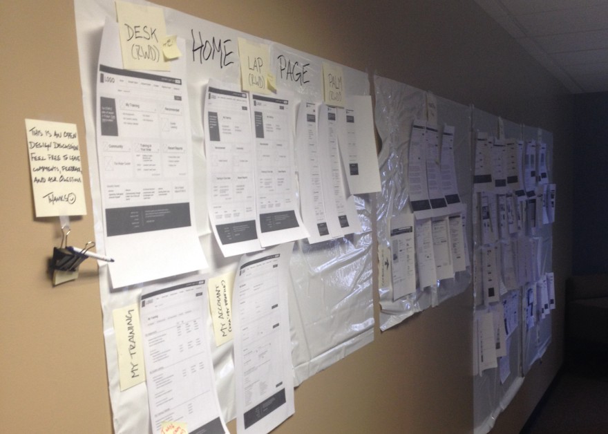Sketchboards hung with wireframes and notes